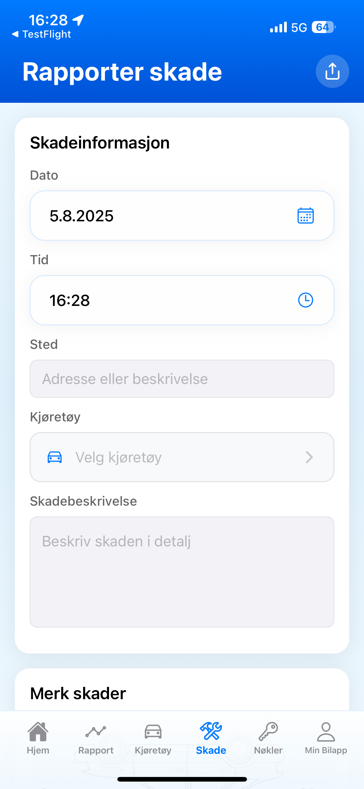 Skjermbilde av BilAppen - Rapportering